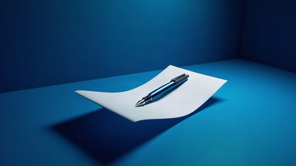 Stylo posé sur un document officiel, en lévitation sur fond bleu nuit